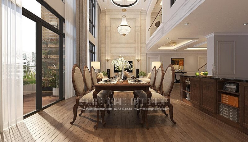 Thiết kế phòng bếp sang trọng với mẫu bàn ghế ăn gỗ tự nhiên đẹp, cao cấp và trẻ trung