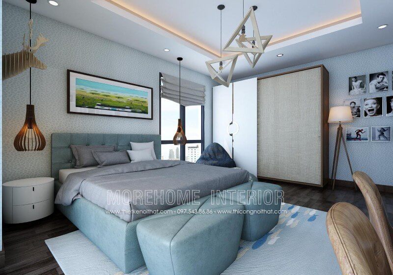 và sang trọng Mẫu giường ngủ bọc da hiện đại với tông màu xanh tươi sáng, đem lại cảm giác trẻ trung và sang trọng.