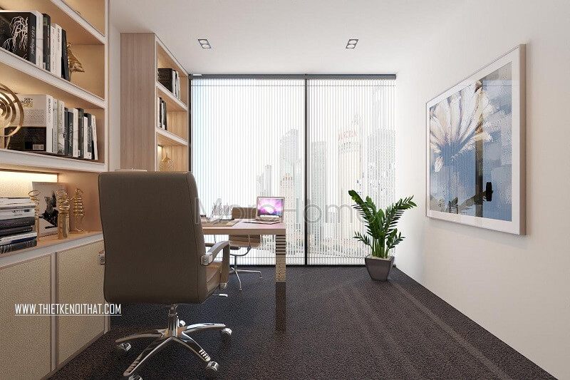 Cấu trúc văn phòng nhỏ gọn nhưng được trang trí với các tiện nghi cần thiết sẽ tạo nên một không gian làm việc hiệu quả.